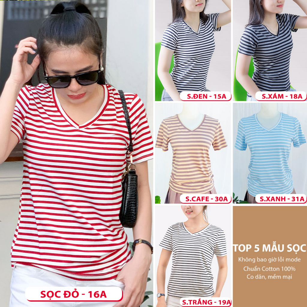 Áo thun cổ tim nữ TOLI màu trơn, vải cotton 4 chiều mềm mịn, dáng suông ôm vừa, đủ size