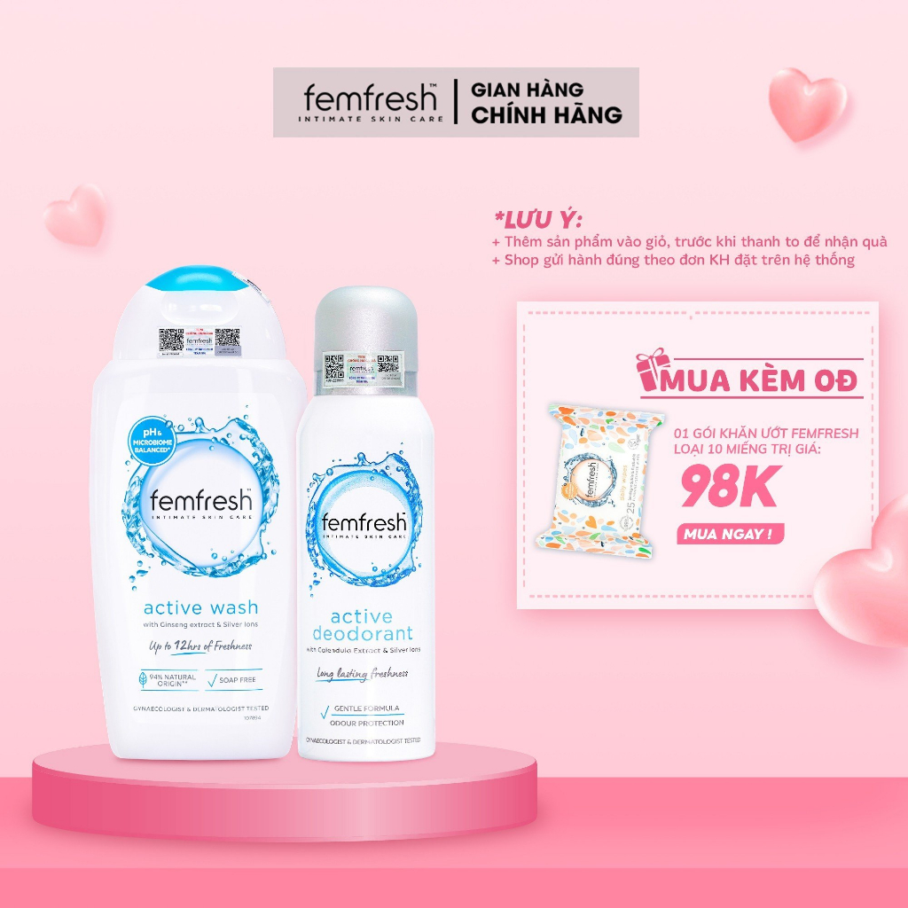 [COMBO MÙA HÈ] Dung Dịch Vệ Sinh Phụ Nữ Femfresh Active 250ml & Xịt Thơm Mát Vùng Kín Femfresh Active Deodorant 125ml