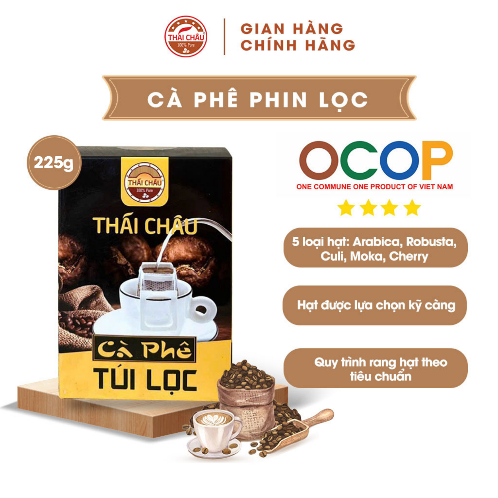 Cà phê phin lọc THÁI CHÂU vị đặc biệt (kết hợp 5 loại cafe: Arabica, Moka, Cherry, Culi, Robusta) hộp 12 túi