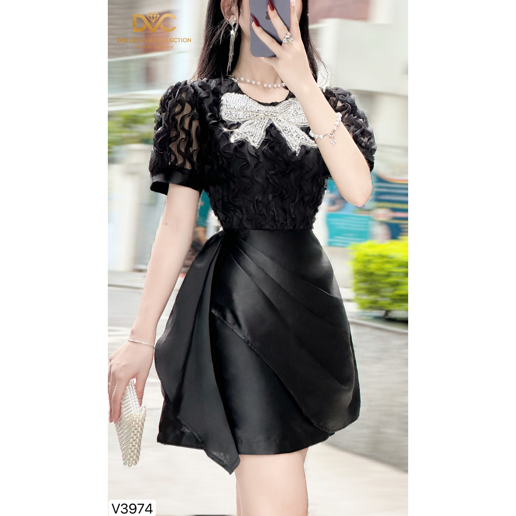 VÁY DỰ TIỆC, VÁY TAFTA ĐEN ĐI TIỆC ĐÍNH NƠ ĐÁ SANG CHẢNH V3974 - DVC