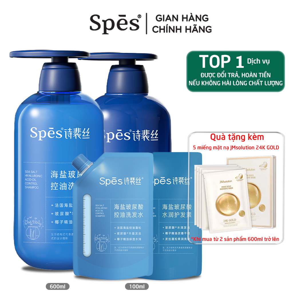 Dầu gội, dầu xả SPES Axit Hyaluronic muối biển kiềm dầu, dưỡng ẩm cho tóc khô 600ml