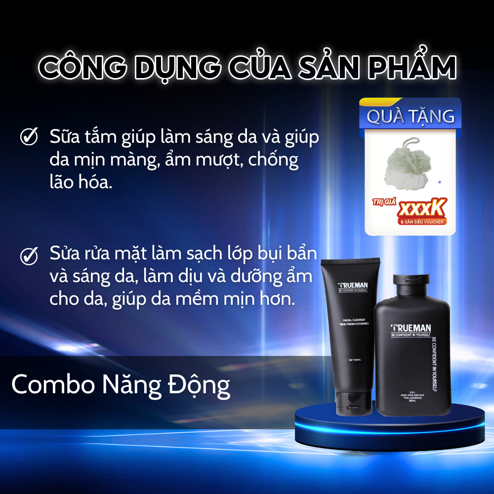 Combo Năng Động Trueman 2 Sản Phẩm Sữa Tắm Gội 3 In 1 Sữa Rửa Mặt Và Quà Tặng Bông Tắm Tròn Dưỡng Da Tối Ưu Cho Nam Giới