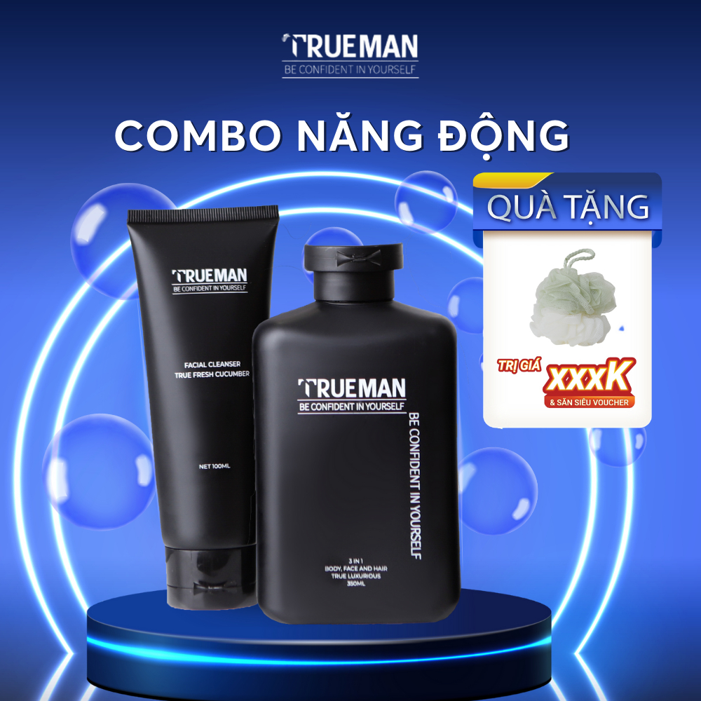 Combo Năng Động Trueman 2 Sản Phẩm Sữa Tắm Gội 3 In 1 Sữa Rửa Mặt Và Quà Tặng Bông Tắm Tròn Dưỡng Da Tối Ưu Cho Nam Giới