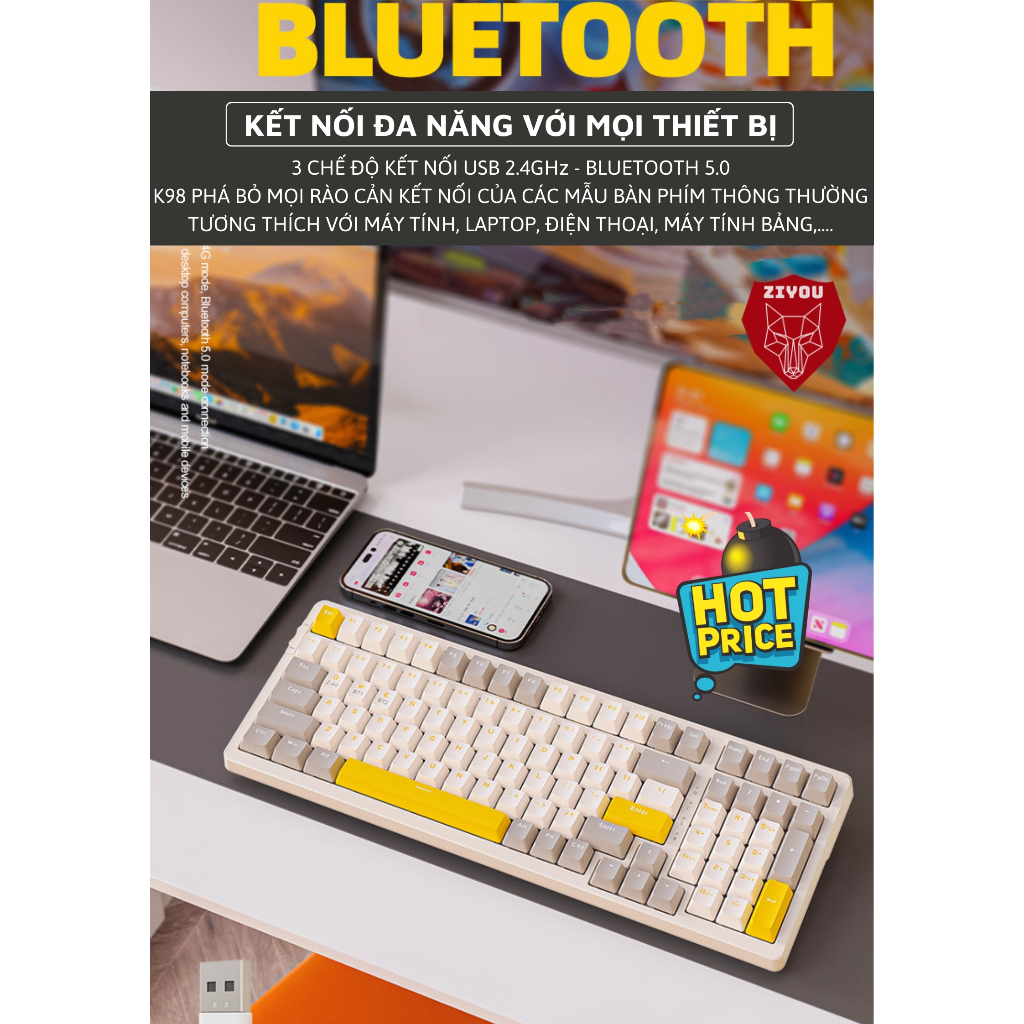 Bàn phím cơ  Red Switch K96 KHÔNG DÂY kết nối bằng USB 2.4G và Bluetooth 5.0 có hotswap dành cho game thủ siêu hot-HT