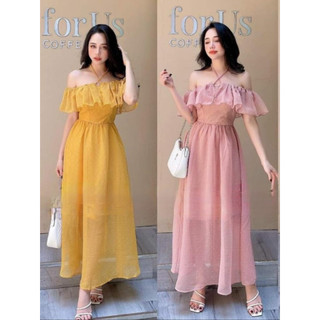 ĐẦM MAXI TRỄ VAI ,NƠ CỔ