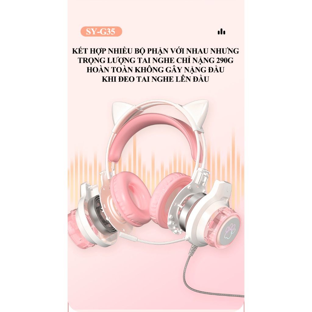 Tai nghe chơi game SY-G35 có dây thiết kế tai mèo dễ thương có đèn led RGB siêu đẹp dành cho các game thủ