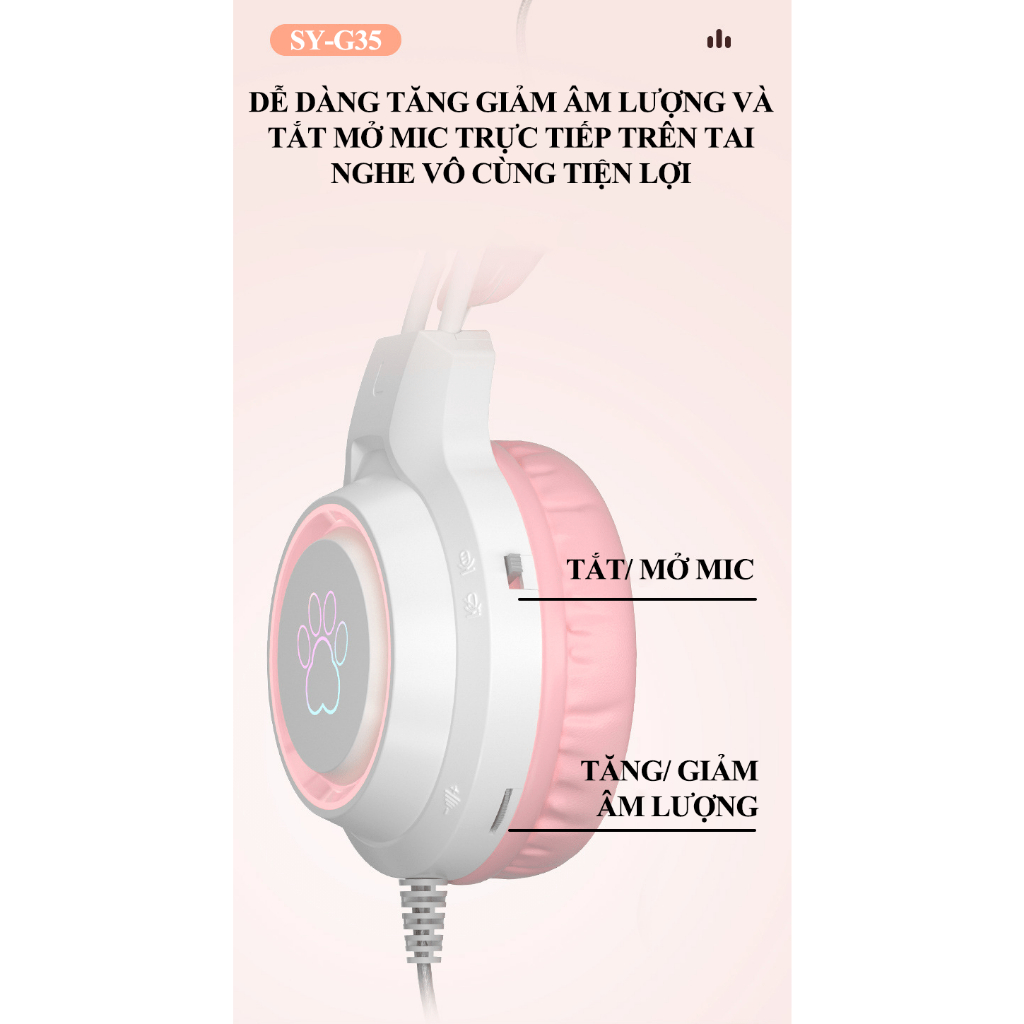 Tai nghe chơi game SY-G35 có dây thiết kế tai mèo dễ thương có đèn led RGB siêu đẹp dành cho các game thủ
