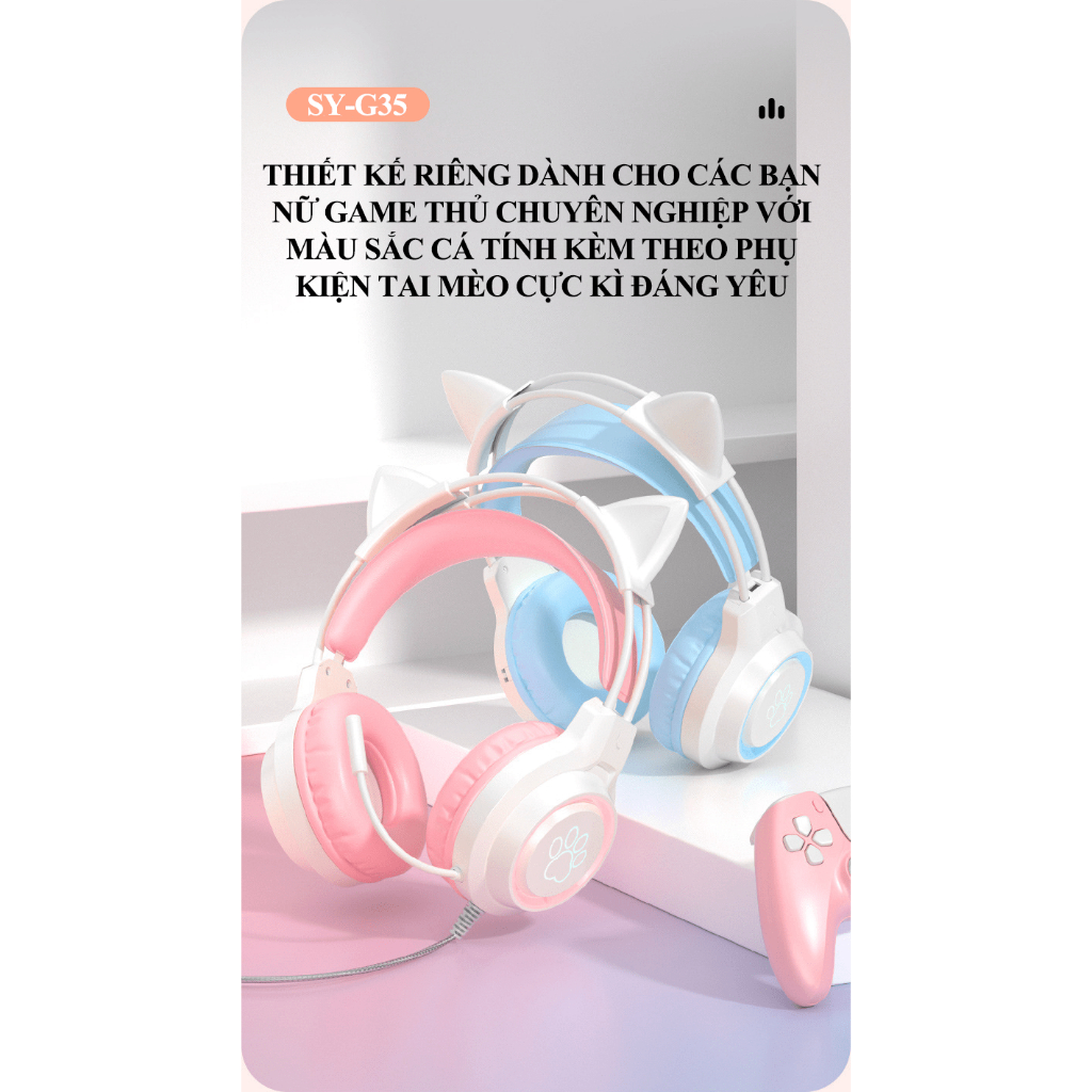 Tai nghe chơi game SY-G35 có dây thiết kế tai mèo dễ thương có đèn led RGB siêu đẹp dành cho các game thủ