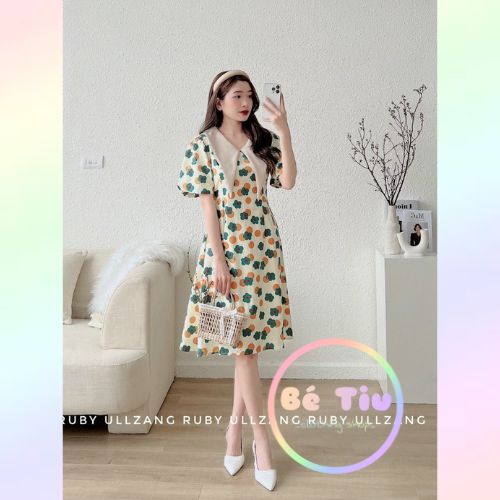 Váy Đầm Hoa Cổ V Tay Ngắn Dáng Xòe Thời Trang Nữ Hàn Quốc | Bé Tiu Clothing