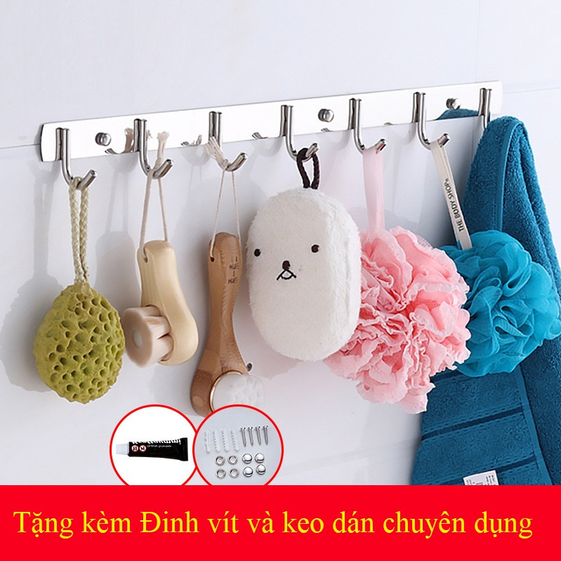 Móc INOX Treo Quần Áo Gắn Tường 6/7/8/10 Chấu - Thanh Inox Treo Khăn Lau, Đồ Dùng Nhà Bếp Kèm Ốc Vít Chịu Lực 50Kg