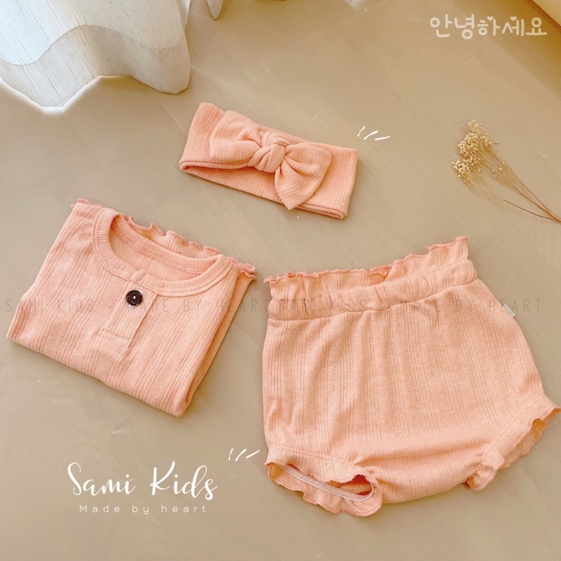 Bộ dài tay quần nhún bèo kèm turban cho bé cotton thông hơi Hàn 3-13kg SAMIKIDS