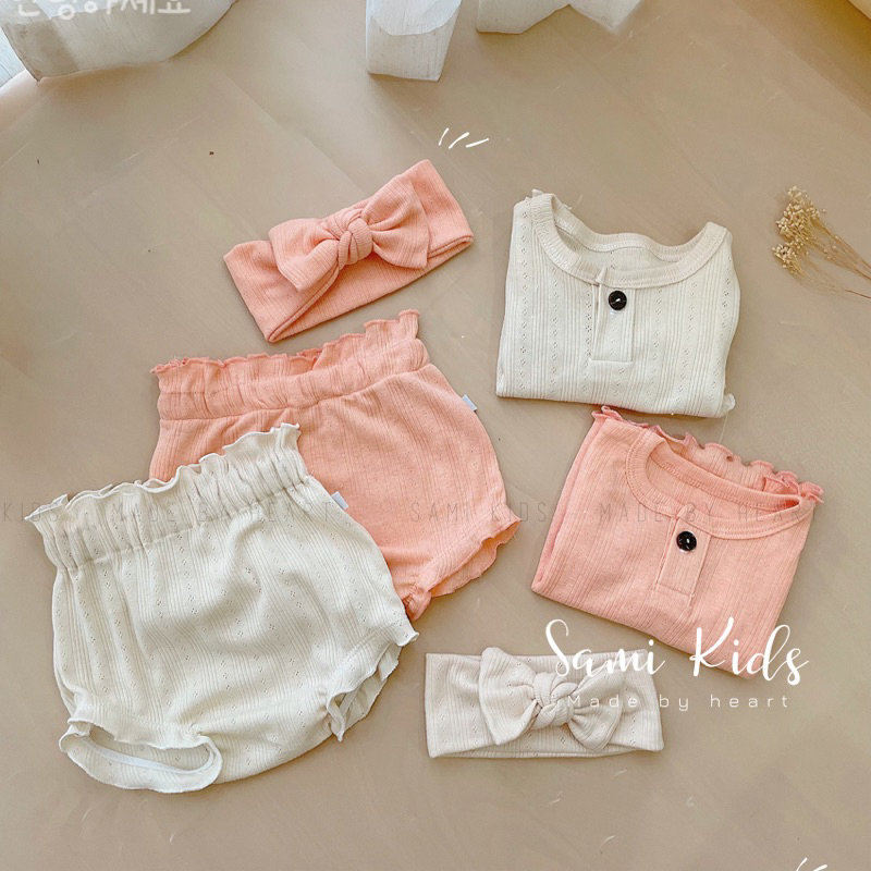 Bộ dài tay quần nhún bèo kèm turban cho bé cotton thông hơi Hàn 3-13kg SAMIKIDS