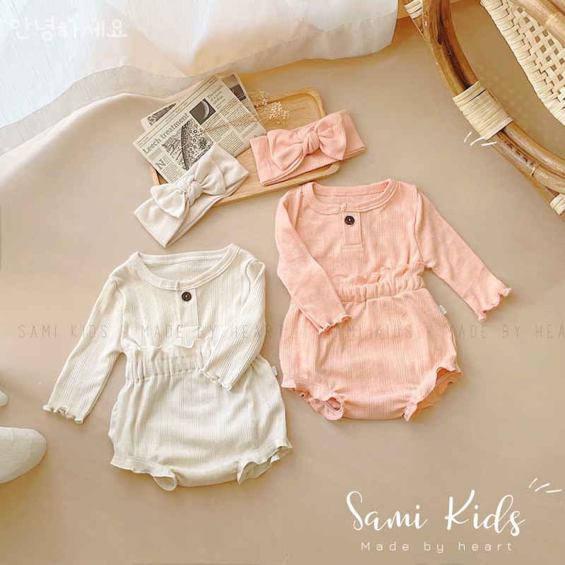 Bộ dài tay quần nhún bèo kèm turban cho bé cotton thông hơi Hàn 3-13kg SAMIKIDS