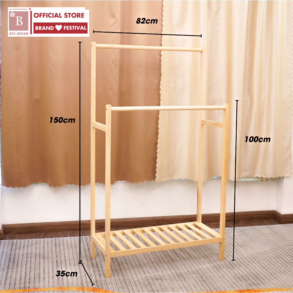 Kệ treo quần áo đôi, 2 giàn treo quần áo chắc chắn, tiện dụng - Giá treo quần áo gỗ thông BTC DECOR, KT 150x82x35cm