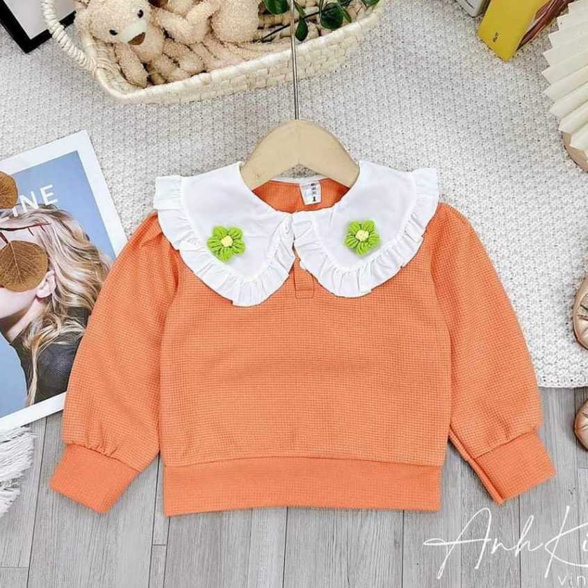 Áo thun kiểu dài tay cổ sen chất da các dày dặn cho bé gái 8-20kg