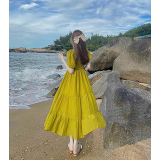 Đầm maxi xòe bồng cổ V đi biển váy bo nhún thân chất vải lụa kate đi chơi cá tính đầm bánh bèo tiểu thư tay phồng