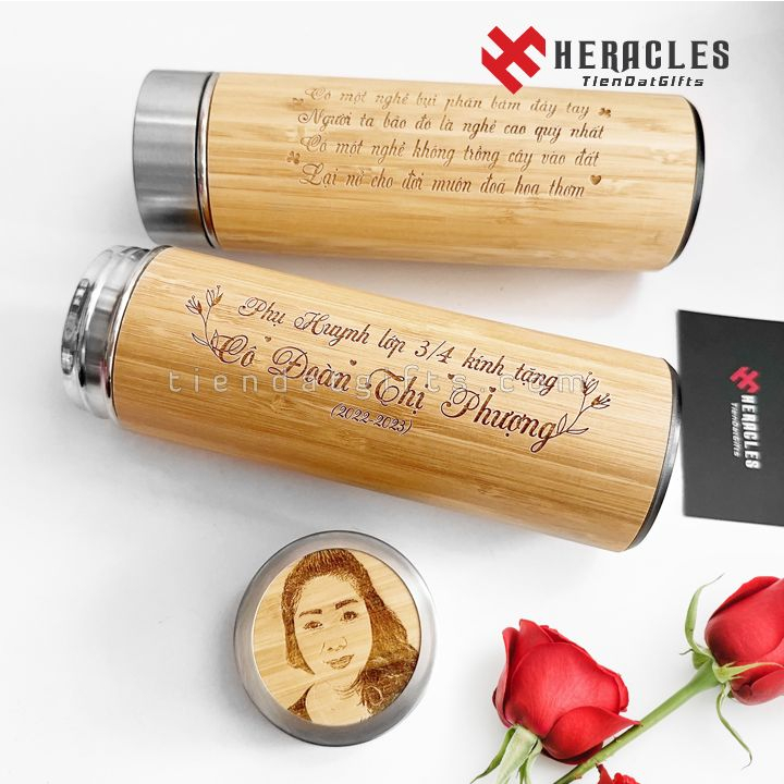 Bình Giữ Nhiệt Gỗ (HỘP CAO CẤP) Khắc Tên Chữ, Logo, hình ảnh theo yêu cầu Làm Quà Tặng Tri Ân Thầy Cô Giáo - Kiểu 48