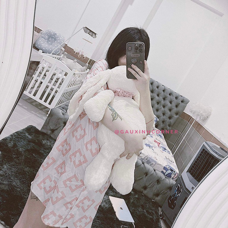 Thỏ bông trắng kem lông mịn cao cấp size to 60cm kèm yếm hoa dễ thương thú nhồi bông quà tặng|Gauxinhcorner