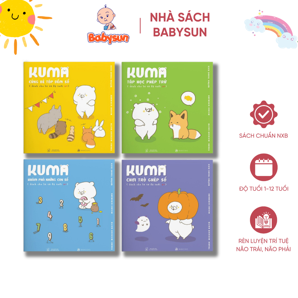 Sách Ehon - Combo 4 Cuốn Ehon Kuma - Khám Phá Những Con Số, Phép Cộng, Phép Trừ, Tập Đếm Dành Cho Bé Trên 2 Tuổi