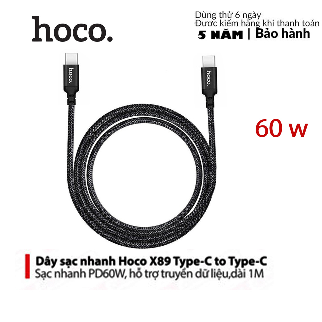 Cáp sạc sạc nhanh Hoco X89 Type-C to Type-C PD60W hỗ trợ truyền dữ liệu, dây bọc dù chống đứt dài 100CM