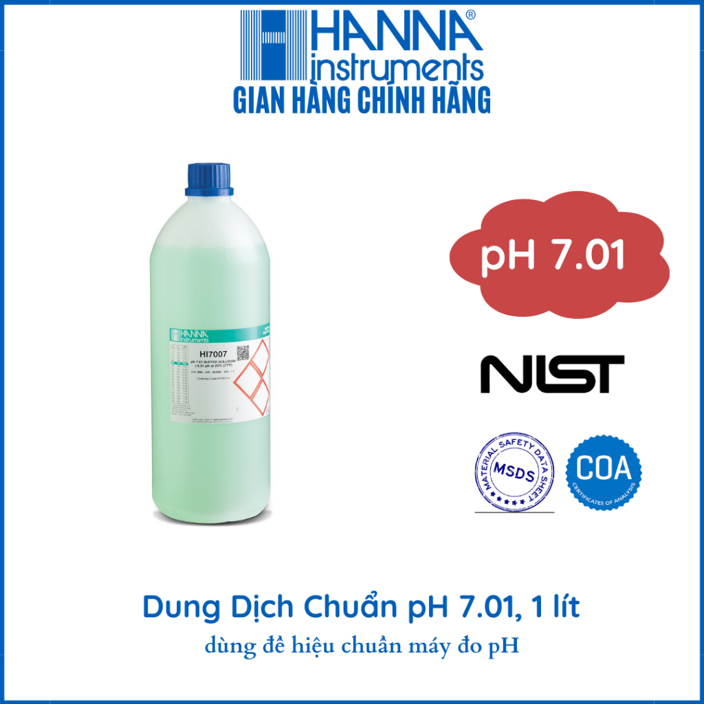 DUNG DỊCH CHUẨN NIST pH7.01 ĐỂ KIỂM TRA/HIỆU CHUẨN LẠI BẤT KỲ MÁY ĐO pH, 1000ML, HANNA HI7007/1L KÈM CHỨNG NHẬN COA,MSDS