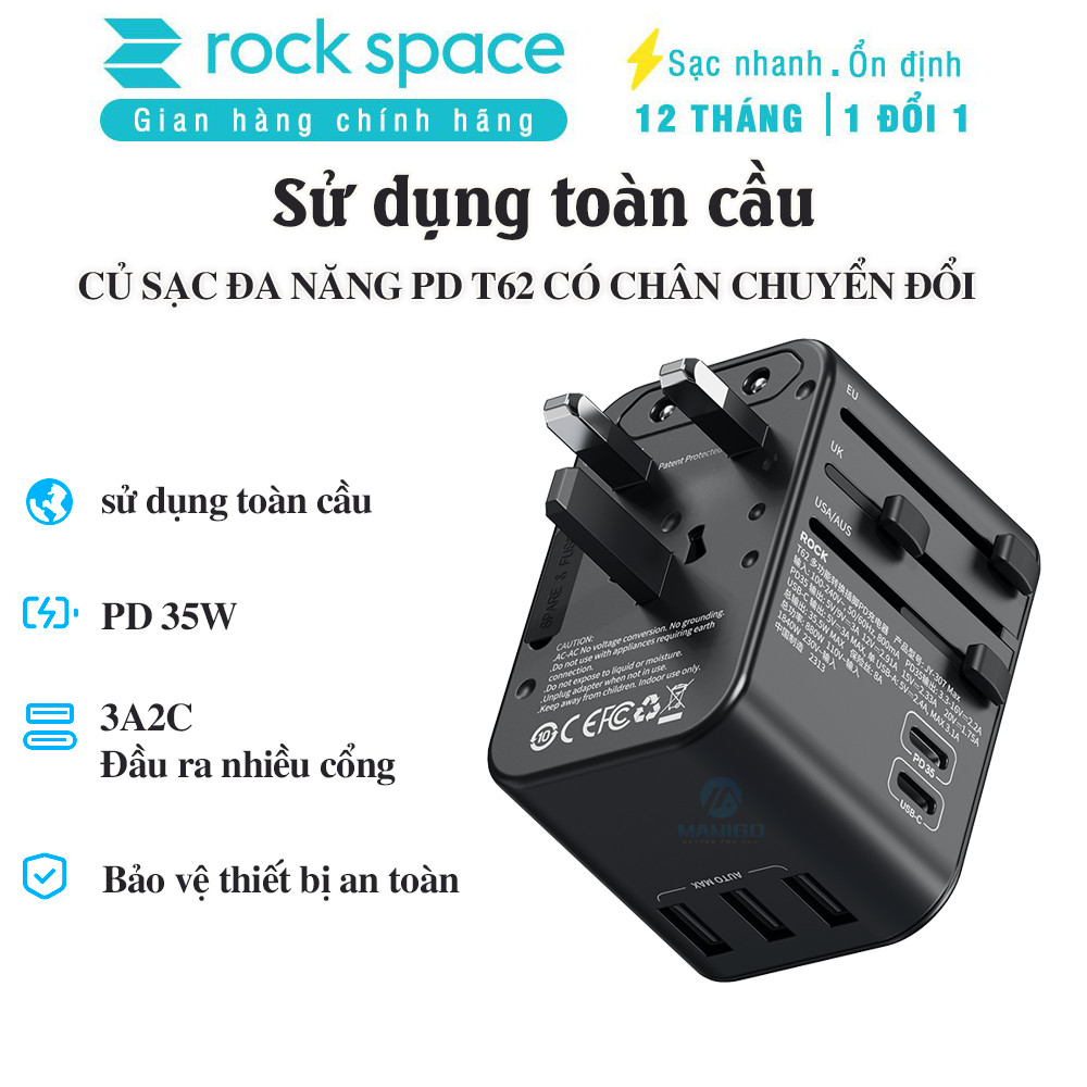 Củ sạc đa chức năng Rockspace T62 sạc nhanh chuẩn PD cho iPhone, sạc nhanh cho Samsung - Chính hãng bảo hành 12 tháng