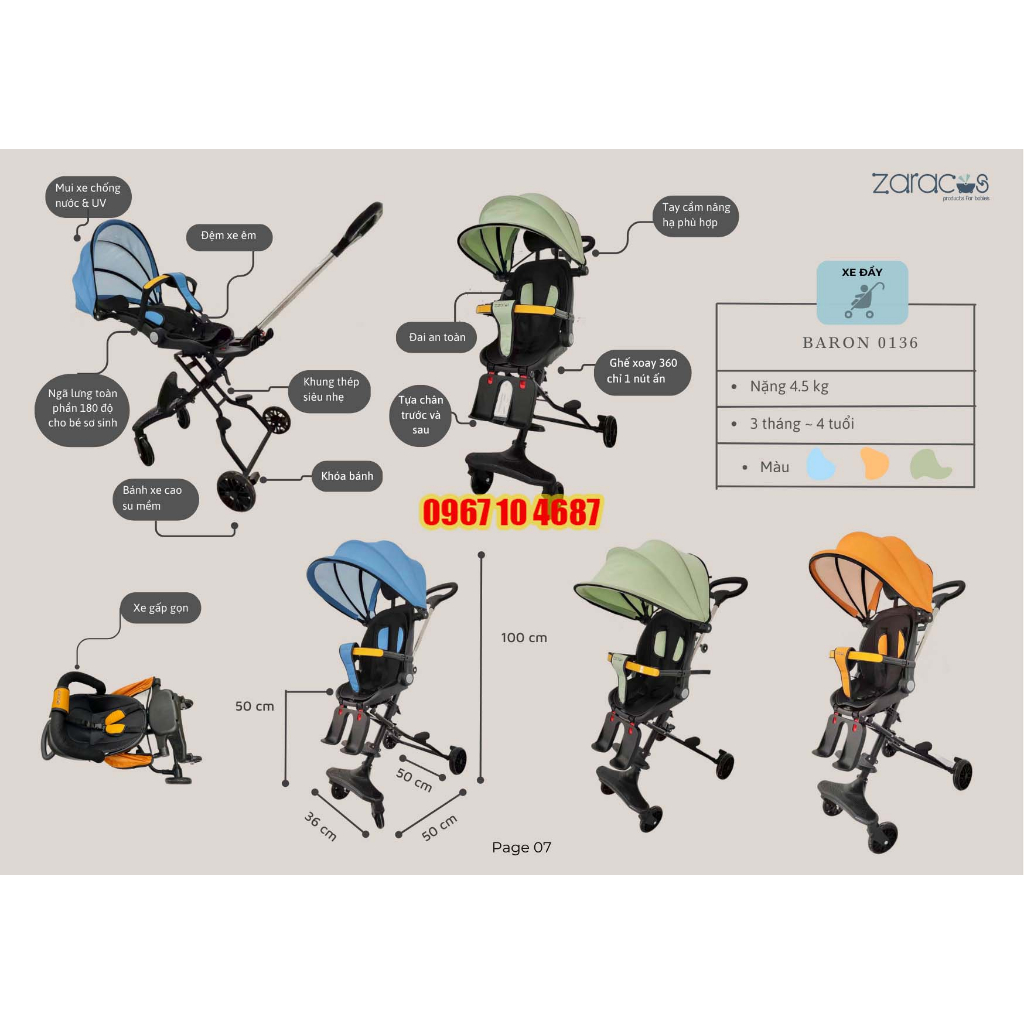 Xe đẩy du lịch cho bé Zaracos Mallorie 0236, Baron 0136 Xe Đẩy Gấp Gọn Tiện Mang Du Lịch
