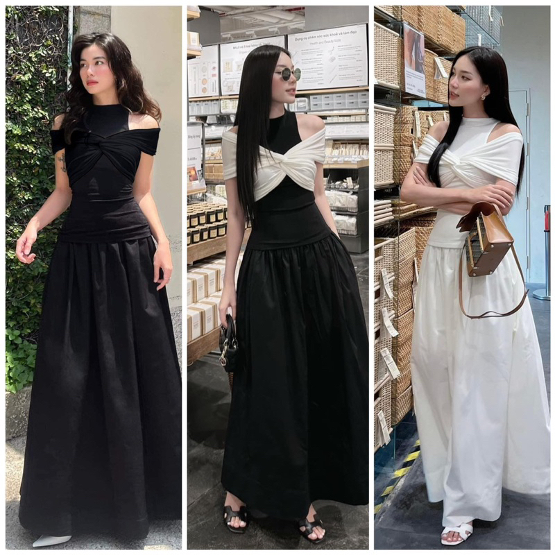 SET ÁO BA LỖ KHOÉT VAI XOẮN NGỰC + CHÂN VÁY MAXI SUÔNG SANG TRỌNG