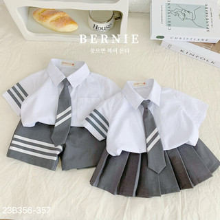 Set sơ mi học sinh kèm cavat, bộ sơ mi bé trai, set sơ mi chân váy bé gái đi học Bernie