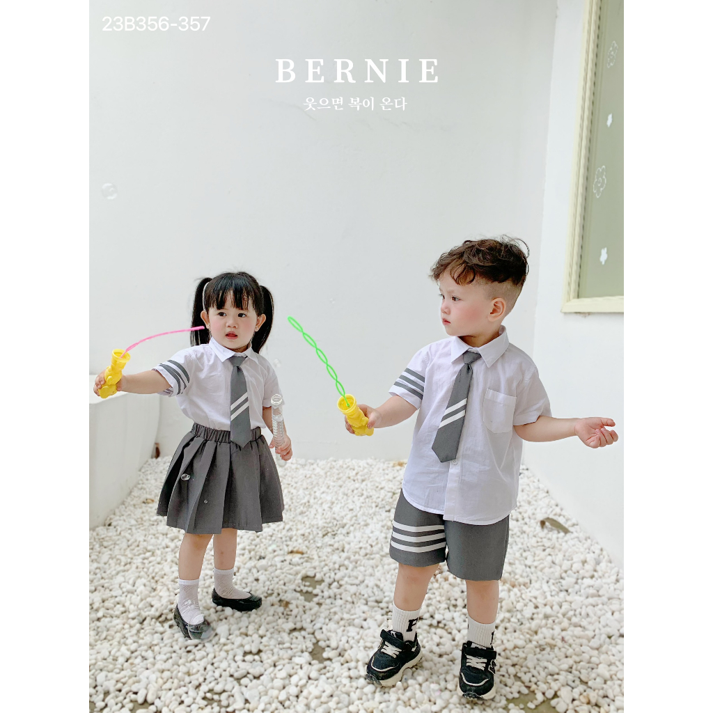 Set sơ mi học sinh kèm cavat, bộ sơ mi bé trai, set sơ mi chân váy bé gái đi học Bernie