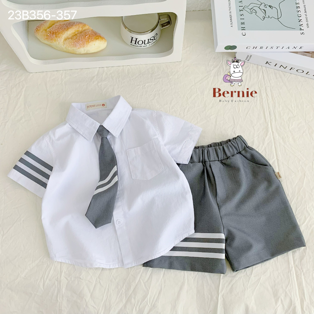 Set sơ mi học sinh kèm cavat, bộ sơ mi bé trai, set sơ mi chân váy bé gái đi học Bernie