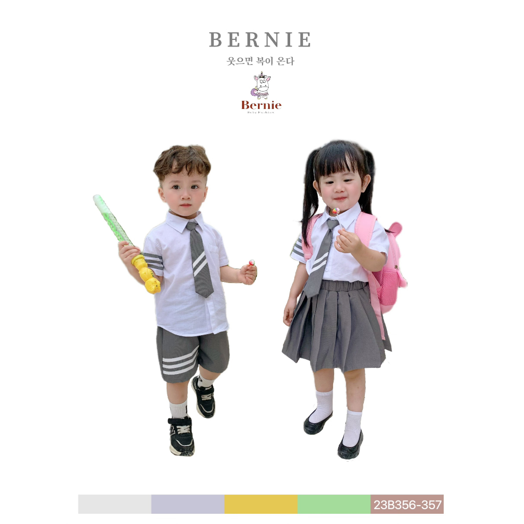 Set sơ mi học sinh kèm cavat, bộ sơ mi bé trai, set sơ mi chân váy bé gái đi học Bernie