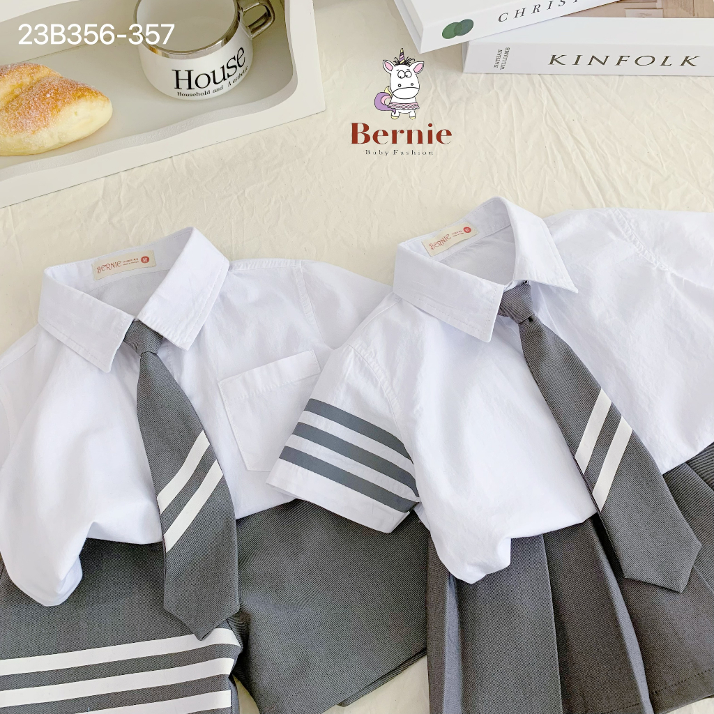 Set sơ mi học sinh kèm cavat, bộ sơ mi bé trai, set sơ mi chân váy bé gái đi học Bernie