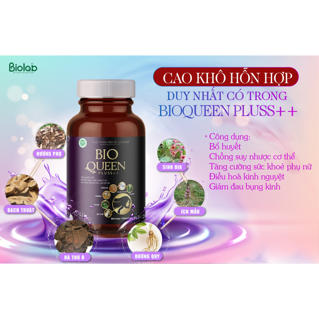 Cân bằng nội tiết tố BIO QUEEN PLUSS ++ giúp giảm khô hạn , chống lão hóa , ngừa mụn , sáng da.