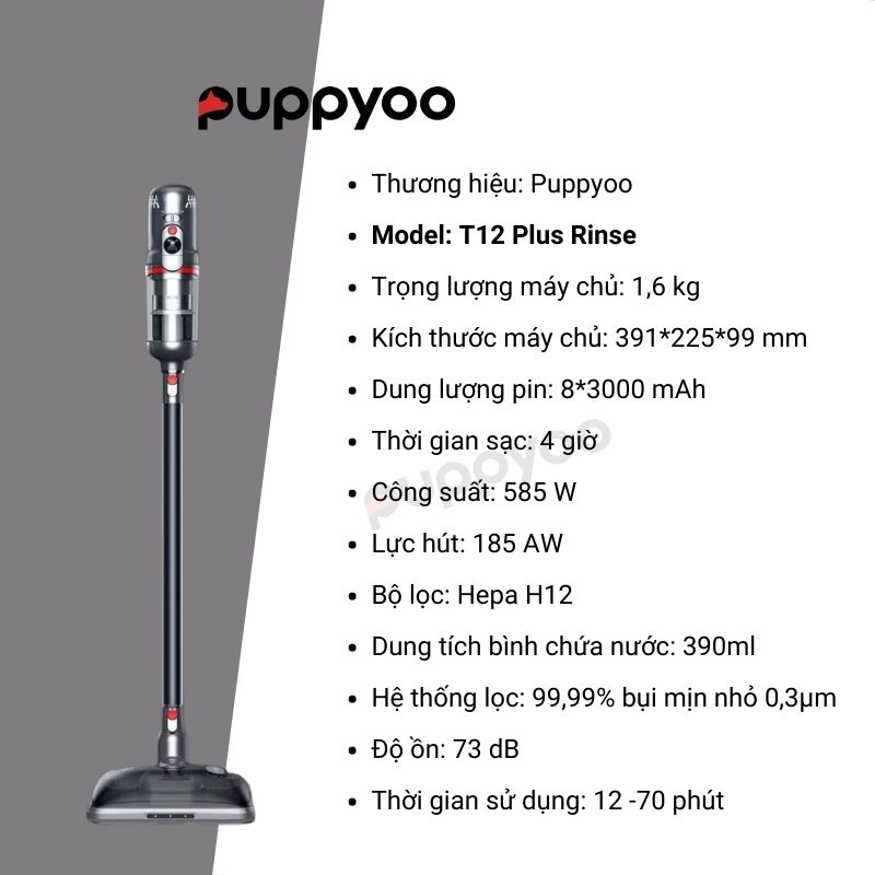 Máy hút bụi lau nhà Puppyoo T12 Plus Rinse lực hút 185AW, Máy hút bụi gia đình không dây cầm tay hút lông chó mèo