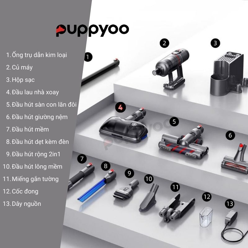 Máy hút bụi lau nhà Puppyoo T12 Plus Rinse lực hút 185AW, Máy hút bụi gia đình không dây cầm tay hút lông chó mèo
