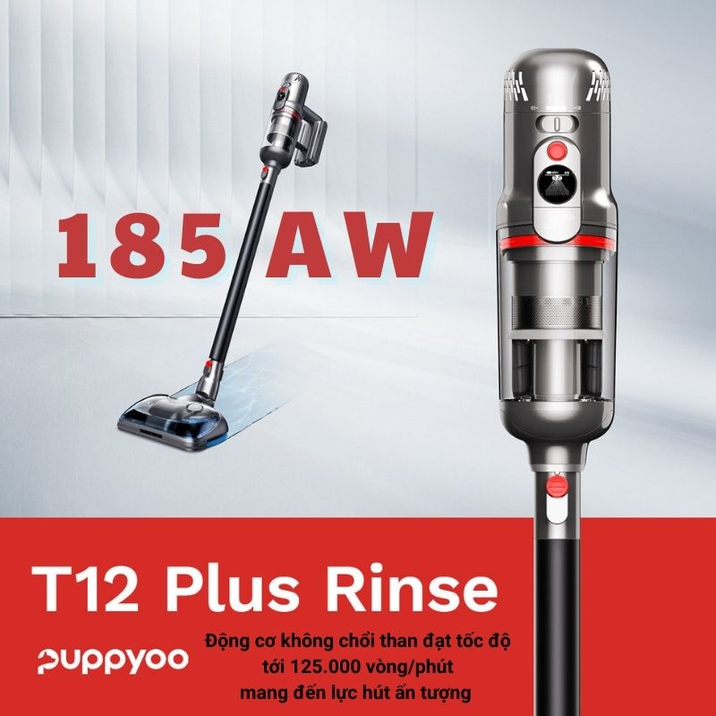 Máy hút bụi lau nhà Puppyoo T12 Plus Rinse lực hút 185AW, Máy hút bụi gia đình không dây cầm tay hút lông chó mèo
