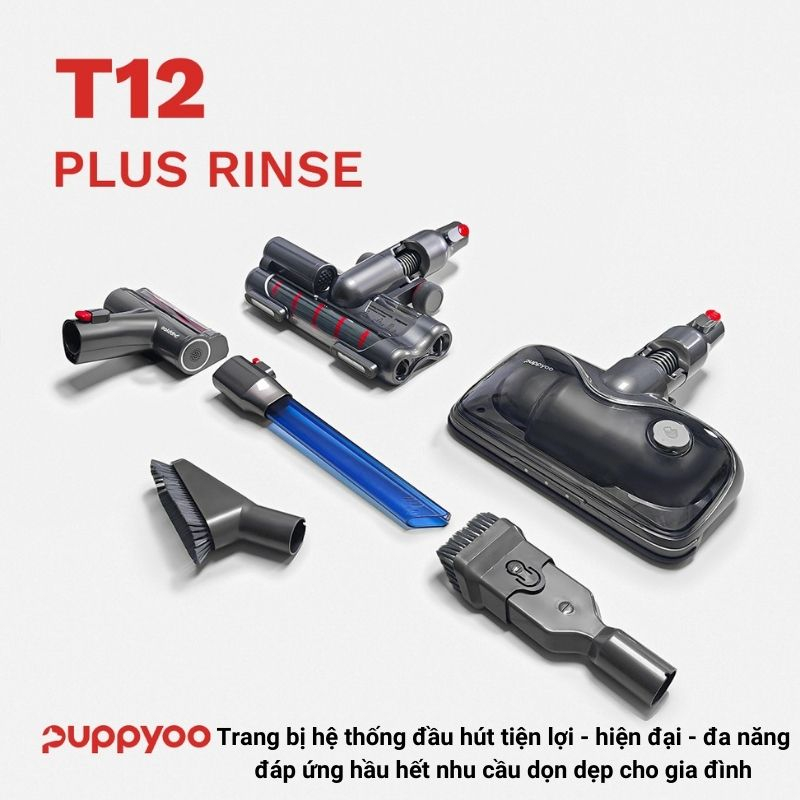 Máy hút bụi lau nhà Puppyoo T12 Plus Rinse lực hút 185AW, Máy hút bụi gia đình không dây cầm tay hút lông chó mèo