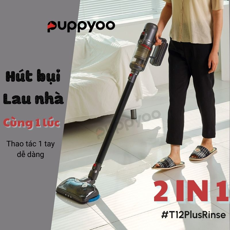 Máy hút bụi lau nhà Puppyoo T12 Plus Rinse lực hút 185AW, Máy hút bụi gia đình không dây cầm tay hút lông chó mèo