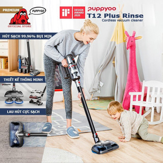 Máy hút bụi lau nhà Puppyoo T12 Plus Rinse lực hút 185AW, Máy hút bụi gia đình không dây cầm tay hút lông chó mèo