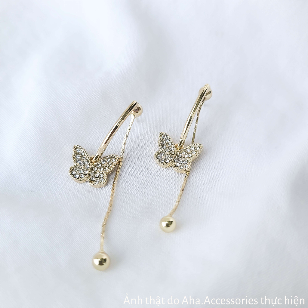 Khuyên tai nữ dáng dài Aha Accessories hình bướm hạt tròn chất liệu hợp kim màu vàng KT-BD3