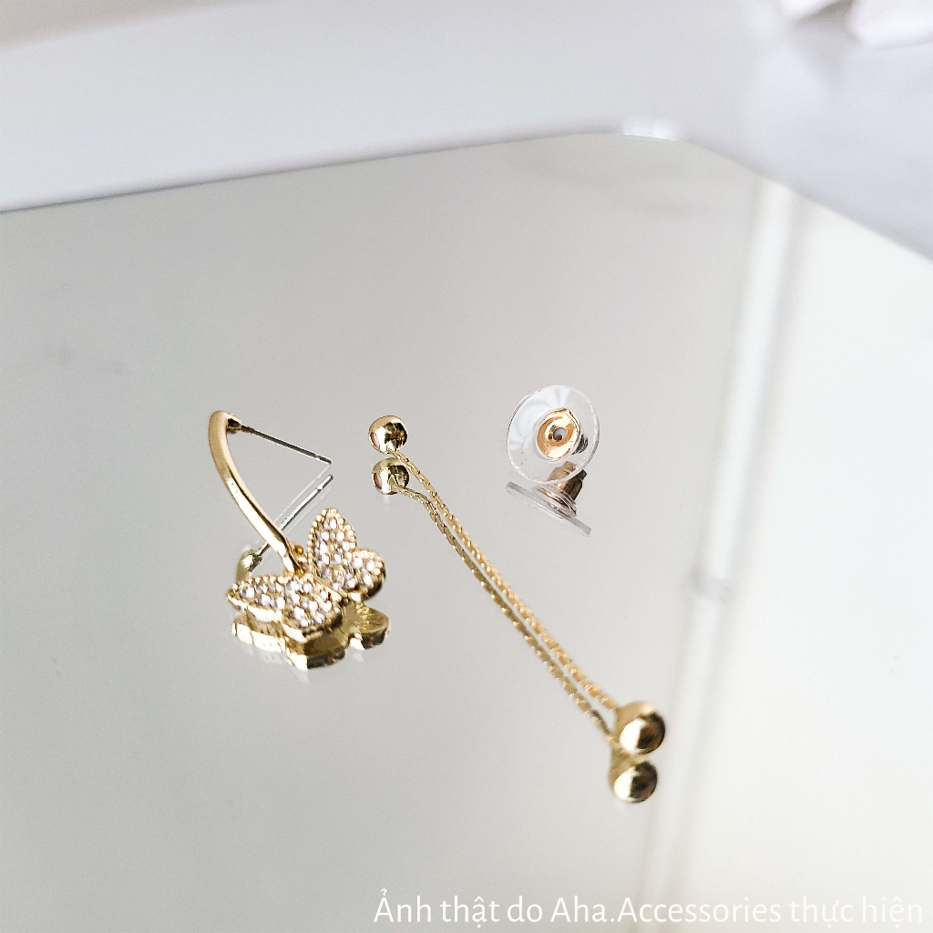 Khuyên tai nữ dáng dài Aha Accessories hình bướm hạt tròn chất liệu hợp kim màu vàng KT-BD3