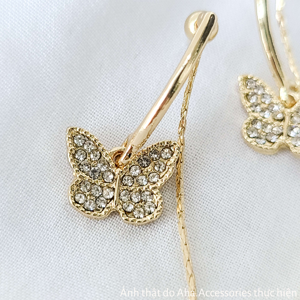 Khuyên tai nữ dáng dài Aha Accessories hình bướm hạt tròn chất liệu hợp kim màu vàng KT-BD3