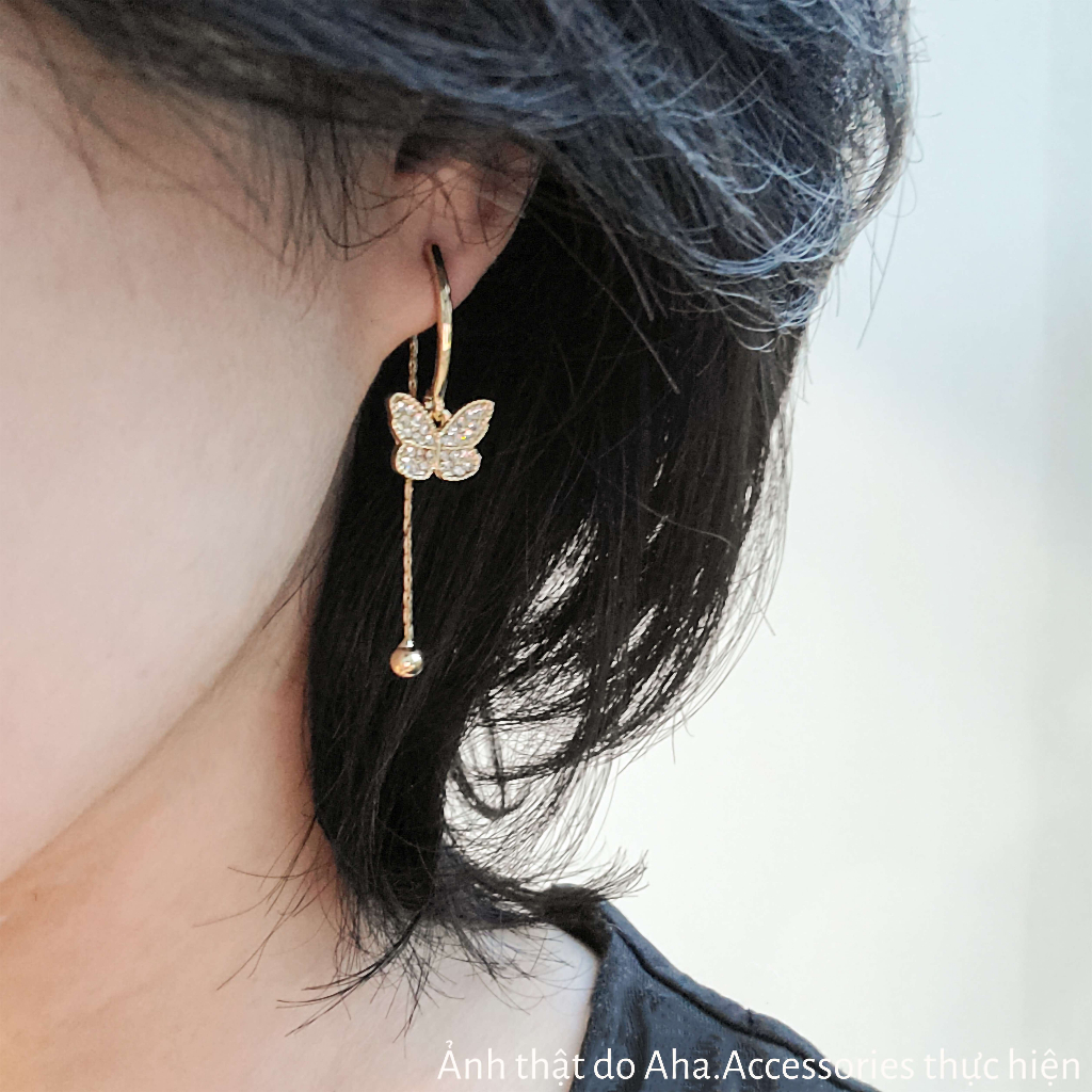 Khuyên tai nữ dáng dài Aha Accessories hình bướm hạt tròn chất liệu hợp kim màu vàng KT-BD3