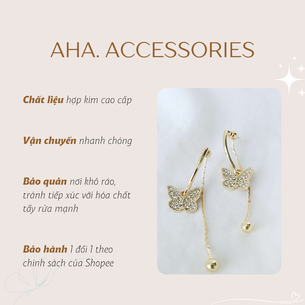 Khuyên tai nữ dáng dài Aha Accessories hình bướm hạt tròn chất liệu hợp kim màu vàng KT-BD3