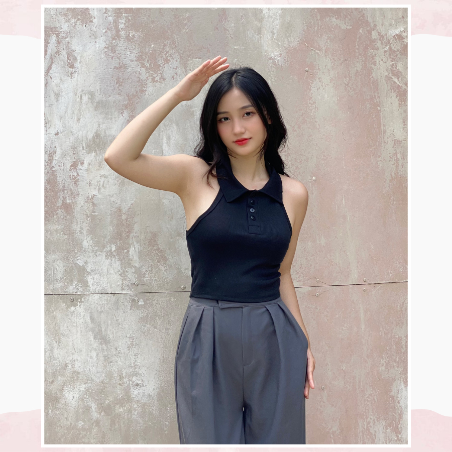 Áo ba lỗ nữ, Áo croptop nữ cổ Polo sát nách kiểu ôm body sexy tank top vải thun co giãn, mặc đi chơi, đi biển CRT67