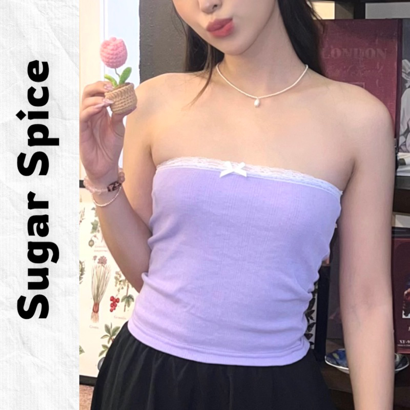 Áo Ống Phối Ren Đính Nơ Màu Tím Form Dài SUGAR SPICE - Violet Tube Top
