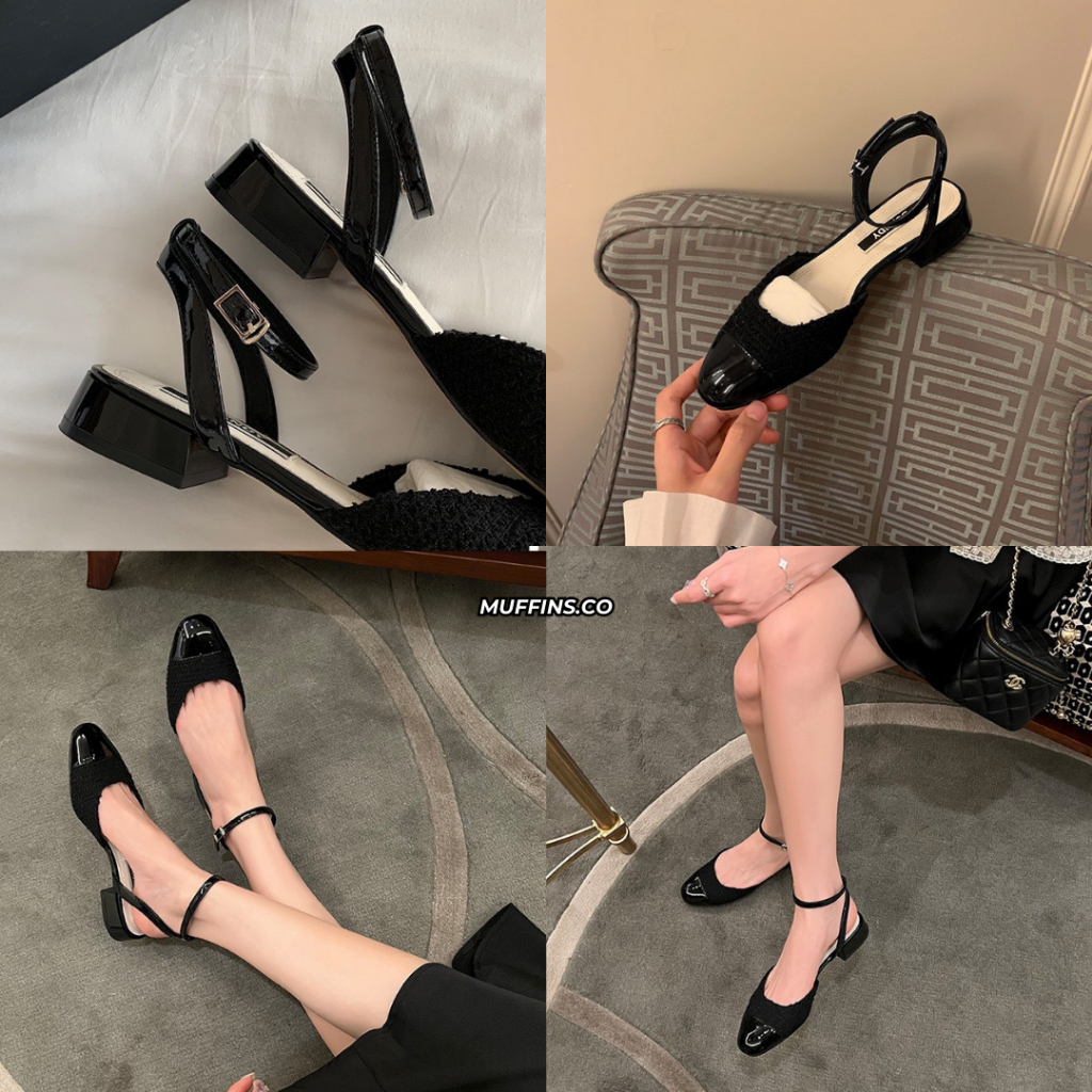 Giày bệt búp bê hở gót mũi tròn đính kèm hoa trà phong cách Pháp