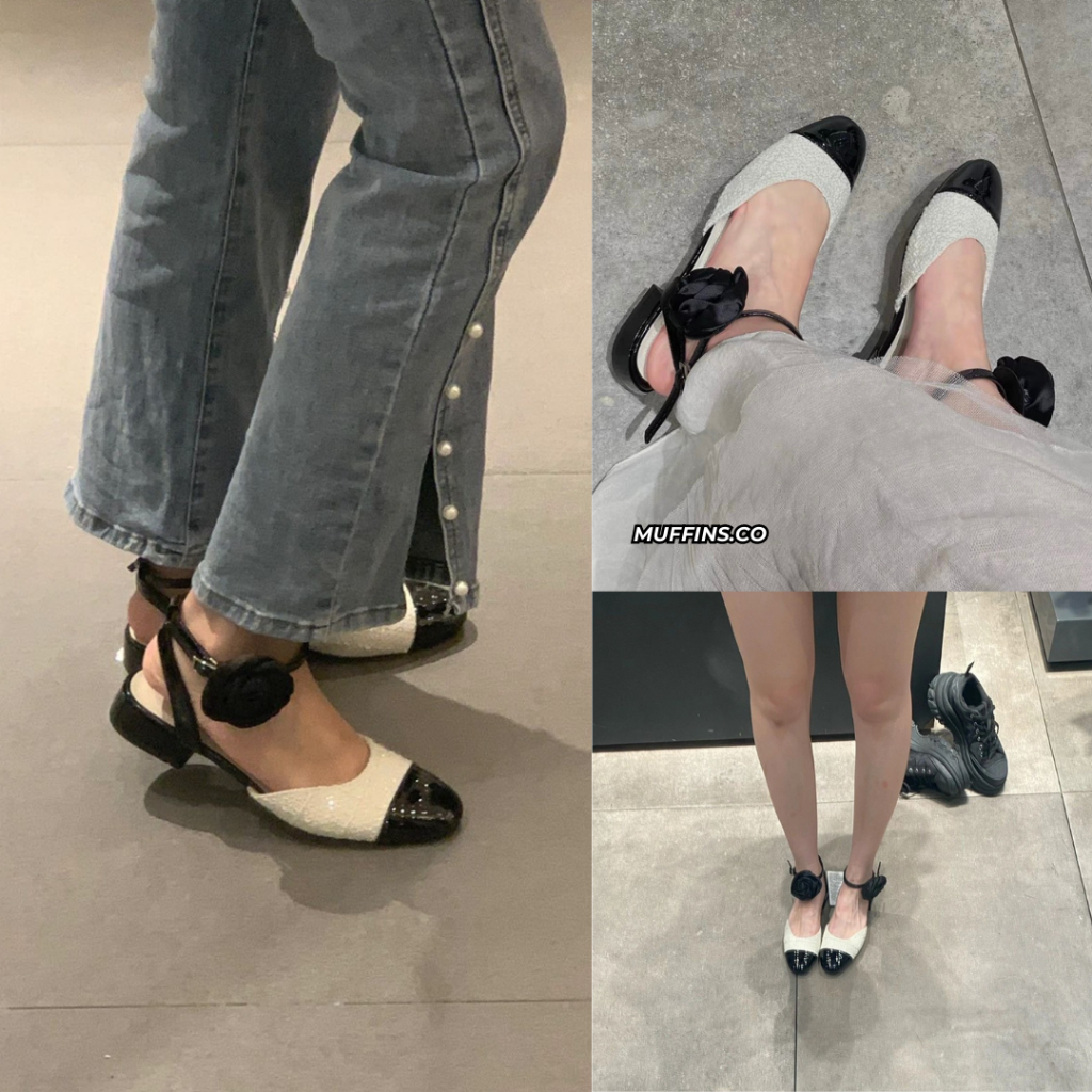 Giày bệt búp bê hở gót mũi tròn đính kèm hoa trà phong cách Pháp