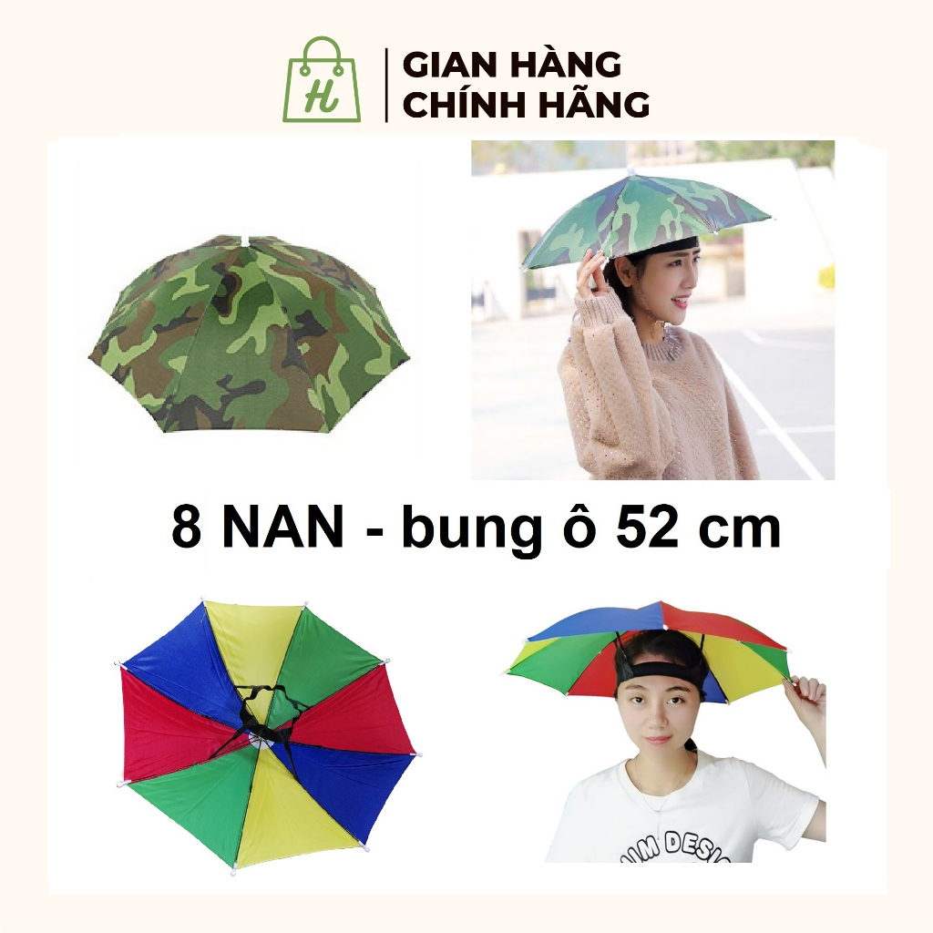 Dù Đội Đầu câu cá che nắng mưa 8 nan chắc chắn Mũ Ô Dù đeo đầu xếp gọn nhiều màu